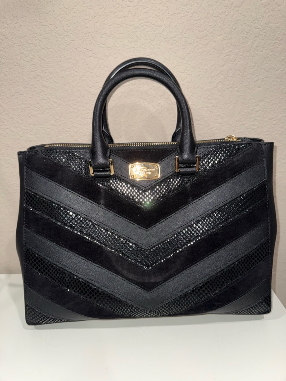 Michael Kors Black Chevron Satchel with Gold Plaque